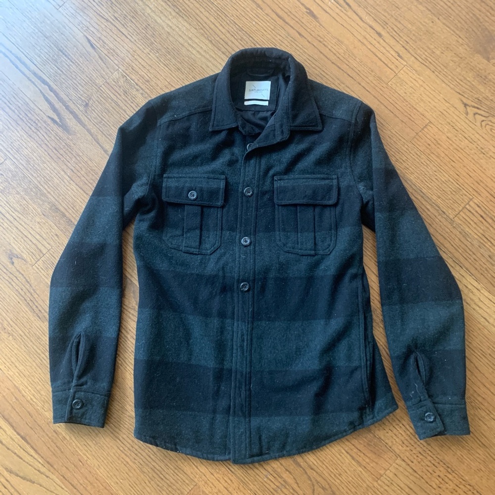 Saturdays NYC black + dark green plaid heavy flannel shirt shacket with pockets
